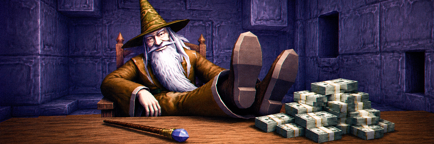 Low-poly wizard reclining in a stone dungeon beside a pyramid of cash and a gem-topped staff